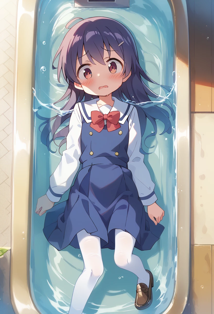 score_9, score_8_up, score_7_up, source_アニメ, masterpiece, 1girl, watahana, school uniform, blue dress, sailor dress, pinafore dress, white sailor collar,white shirt, red bowtie, long sleeves, flat chest, white pantyhose, loafers, from above, indoors, shiny hair, cuteポーズ, (Completely flooded)、((The skirt spreads over the water surface.))、(Drowning), Immersed in water、Transparent pool, Water Play, Primary school students、Skirt fully open、Long wide skirt、cute、blush、Watery eye、Lots of water、Wet