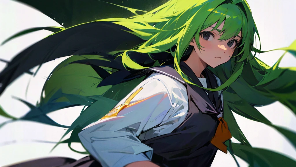 , green-haired, long hair, black eyes, school clothes