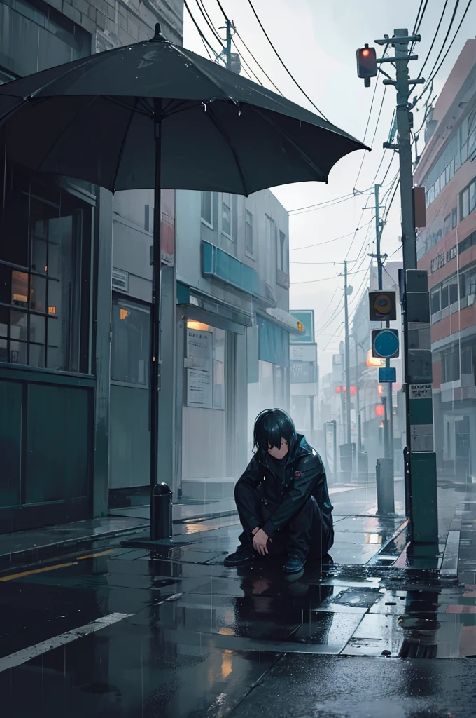 In the image, You see a deserted street on a rainy night. The dim light of a street lamp weakly illuminates a man sitting on the edge of the sidewalk. His posture is hunched, with shoulders slumped and head lowered, soaked by rain. Their clothes are worn and dirty, and his face shows signs of exhaustion and deep sadness. Around him, the shadows seem to get closer, accentuating the feeling of loneliness and desolation. On the ground next to him, there is a wrinkled photo of a smiling woman, suggesting that he has lost something very valuable to him.