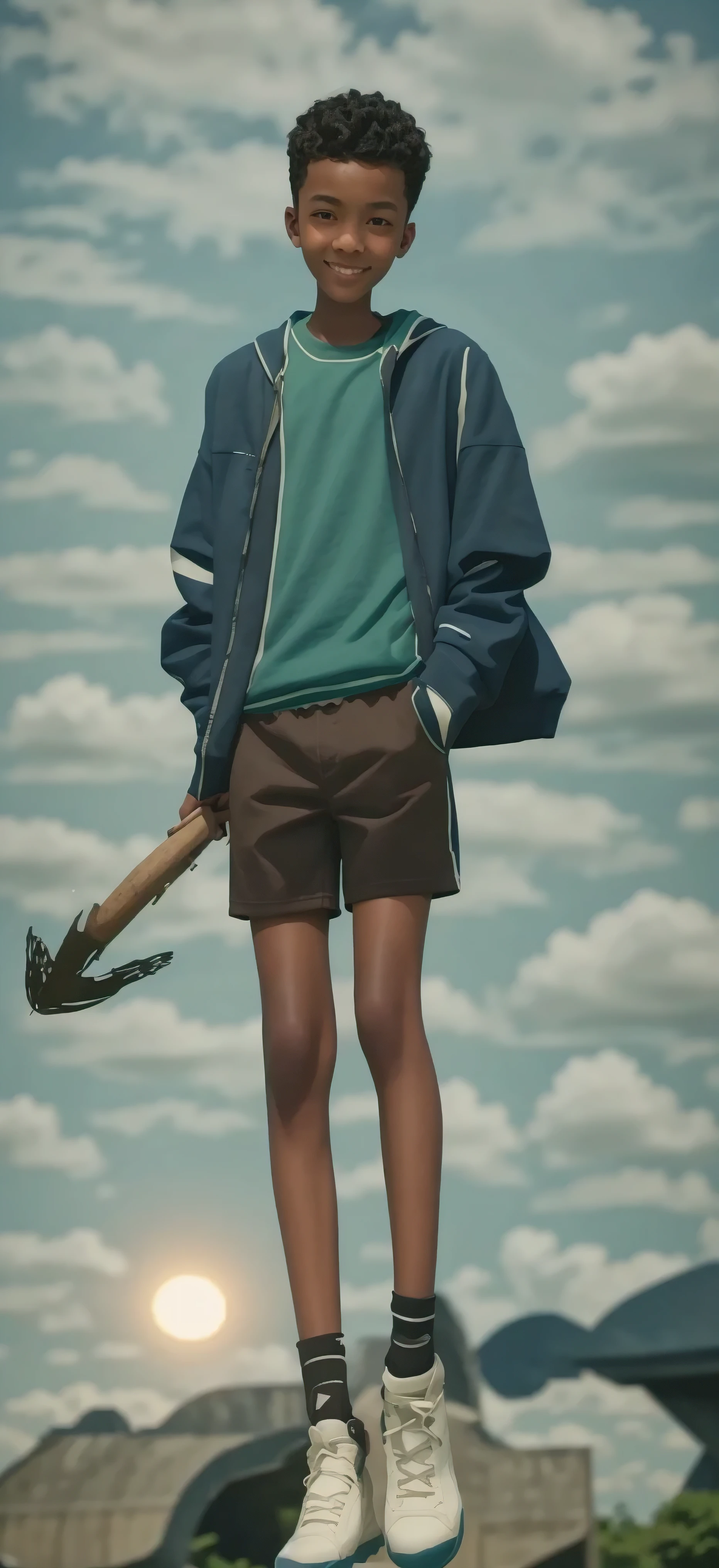 14 year old boy，Light brown skin，Blue sports shorts，Bright green top，High-top board shoes，Big round eyes，Very short hair，Tall and skinny，full-body shot，A junior high school student holding an axe，Toothy Smile，best quality