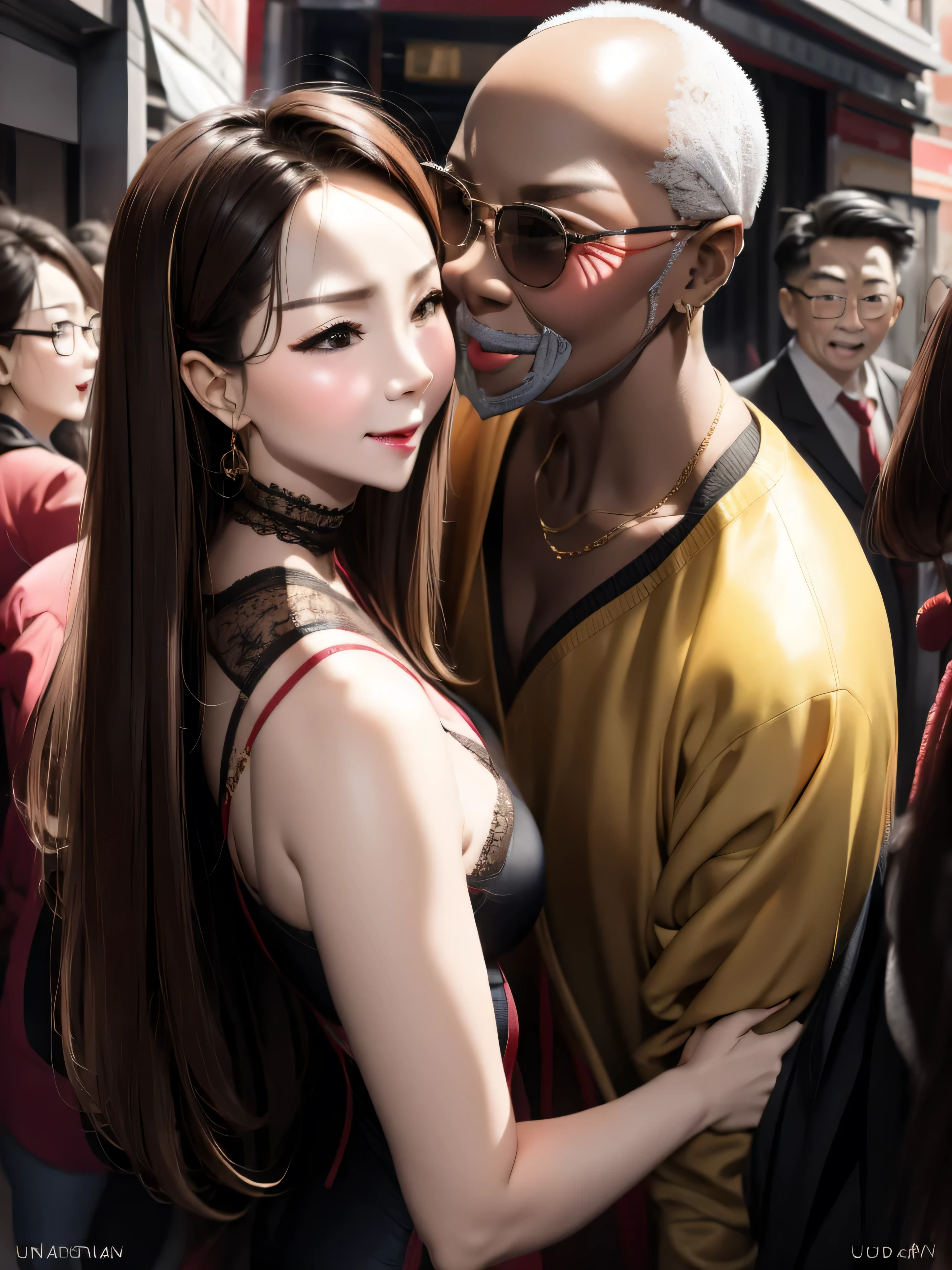 In a crowded street，a beautiful woman wearing sexy dress and an old man are making out on road side, UHD, masterpiece, textured skin, super detail, best quality, 8k