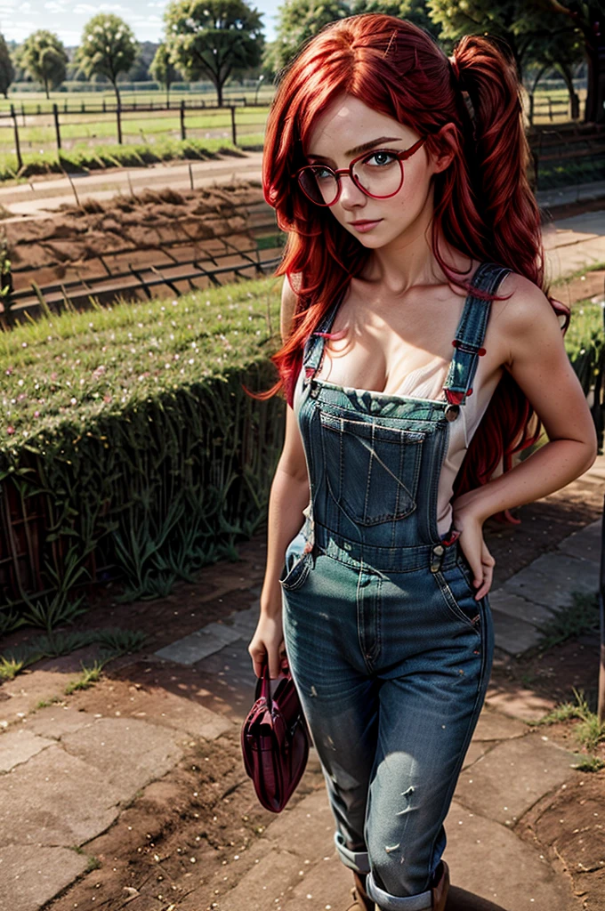 1 girl, red hair, (pink hair highlights:0.8), farm girl, freckles, sexy farmer overalls, cleavage, round eyewear, glasses, streets, green eyes, solo, farm field, standing, arms behind back