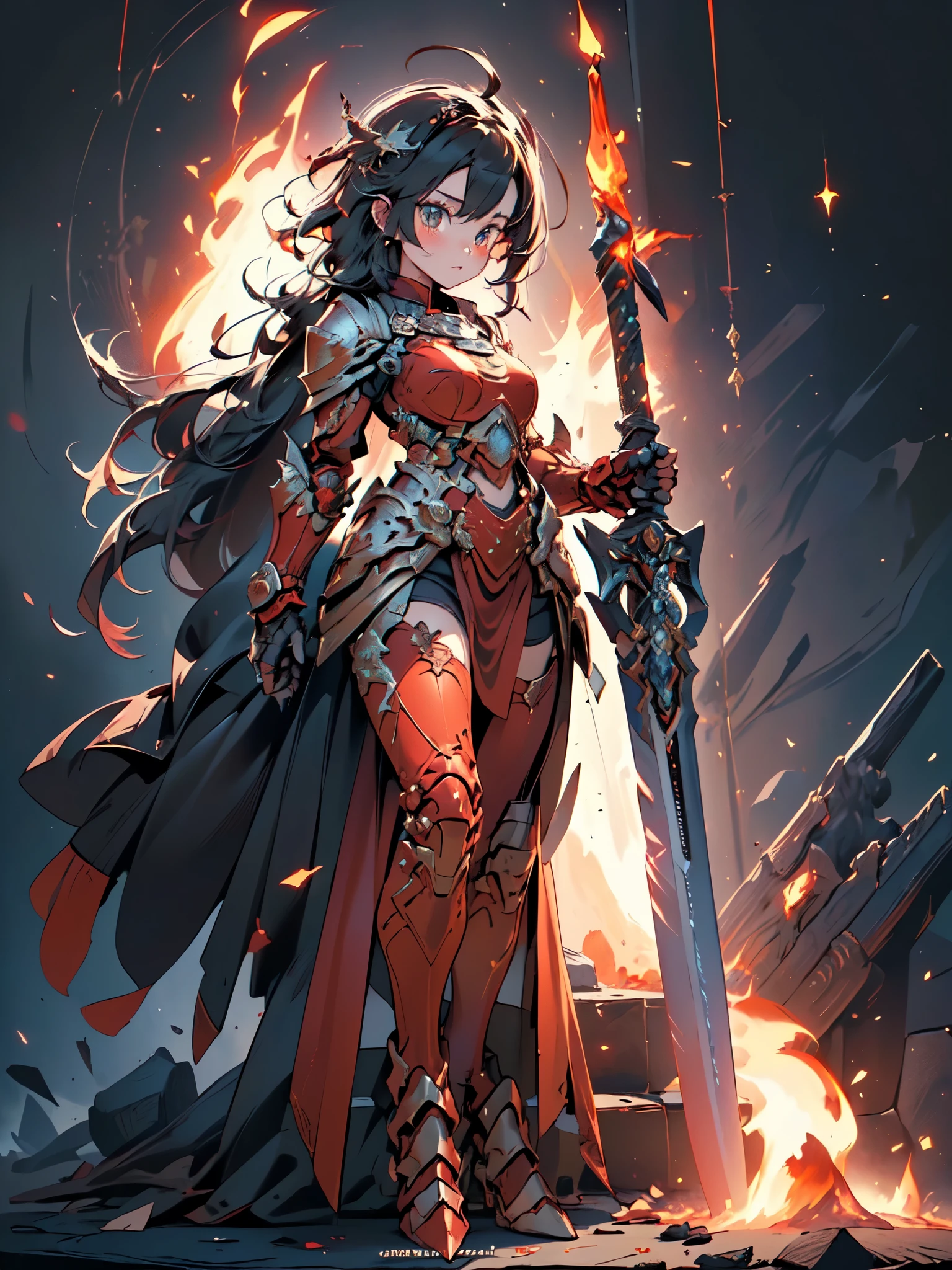 Design a layout showcase Gaming character, (1girl). Gold+Red clothes, fiery and majestic, ((showcase weapon:1.4)), flame whip, (masterpiece:1.2), (best quality), 4k, ultra-detailed, (Step by step design, layout art:1.5), (flaming lighting, fiery setting), fire mage, ((flame gloves)), (((revealing armor:1.3))), flame vambraces, fireproof boots, (((full_body_shot:1.4)))