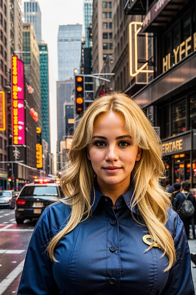 Firefighter uniform, big breasts, blonde hair at New York City