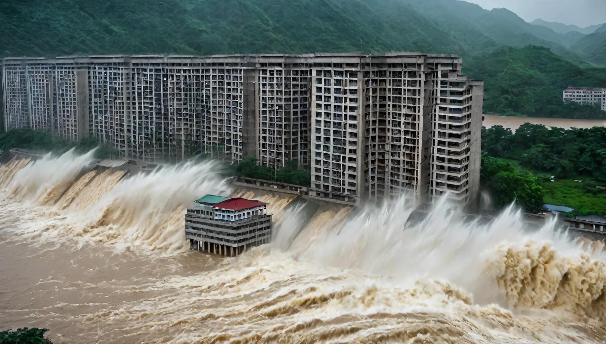 whoa, Dramatic image depicts a flood scenario in China. The flood from a dam with furious waves washes away a building with people inside. Lots of rain and stormy skies make the scenario threatening and critical. The scenario is one of chaos.