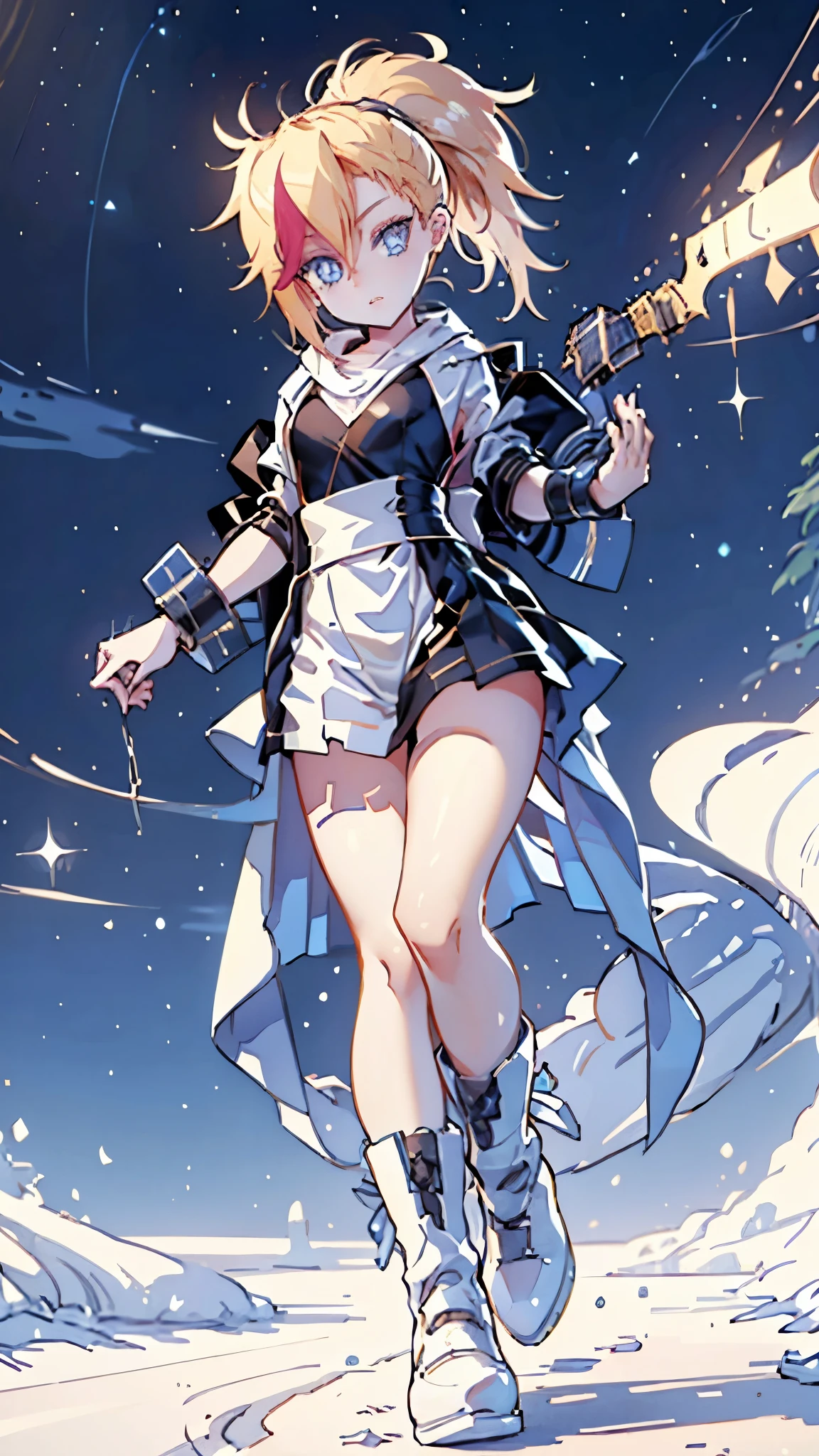 1 girl, ultra long hair, ultra detailed face, glowing lips, glowing blue eyes, very long ponytail, elegant walk, catwalk, holding down a  giant katana, blonde, long eyelashes, long boots , looking to the sky, starry sky, a ultra giant katana 