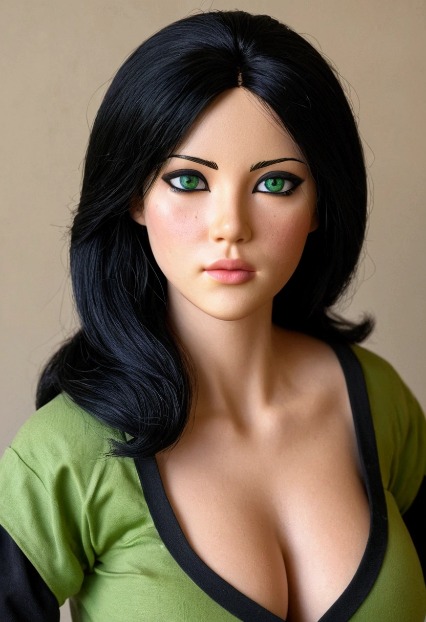 Realistic replica of Schego by Kim Possibel with full clothing except T-shirt (tits visible) Her eyes widened and milk spurted out of her , black hair, dark line, that is much too small and fits too tightly, green black clothes