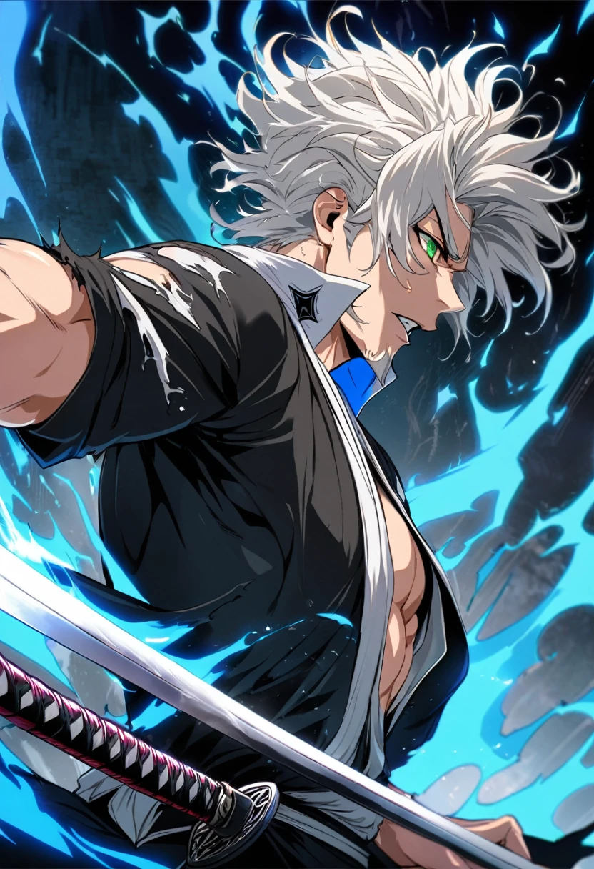 1 young boy, focusing masculino, BLEACH, black too, , torn garments, open air, Raby, pectoral muscle star piece), (highest quallity), (super verbose), tão bonitas, 人物, Messy hair, perfect composition, Moisture skin, details Intricate, 1 men, bonitas, White hair, vibrant green eyes, slim muscles, アニメ, 19yearsold, 19 years, a small goatee, kimono de Shinigami, Shinigami, bleach style, bleach, regatta, kimono, shortsleeves, glued sleeves, 2 Katanas, two swords, double katana, katana longa, ceifera of souls, bad ass, looking at screen, focusing, blue flames coming out of the katana, attacking, for the bank, release of power by the sword, sword with flames, fire, fire azul, espada fire, blue flames, attacking, attacking com espada, atack katana, ataking, cut-in, fazendo cut-in,cut, Swinging, Swinging esapda