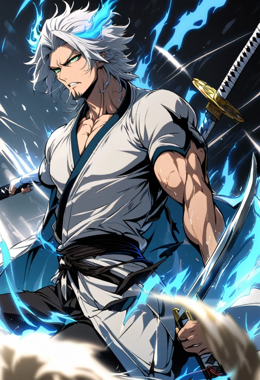 ung boy, focusing masculino, BLEACH, black too, , torn garments, open air, Raby, pectoral muscle star piece), (highest quallity), (super verbose), tão bonitas, 人物, Messy hair, perfect composition, Moisture skin, details Intricate, 1 men, bonitas, White hair, vibrant green eyes, slim muscles, アニメ, 19yearsold, 19 years, a small goatee, kimono de Shinigami, Shinigami, bleach style, bleach, regatta, kimono, shortsleeves, glued sleeves, 2 Katanas, two swords, double katana, katana longa, ceifera of souls, bad ass, looking at screen, focusing, blue flames coming out of the katana, attacking, for the bank, release of power by the sword, sword with flames, fire, fire azul, espada fire, blue flames, attacking, attacking com espada, atack katana, ataking, cut-in, fazendo cut-in,cut, Swinging, Swinging esapda