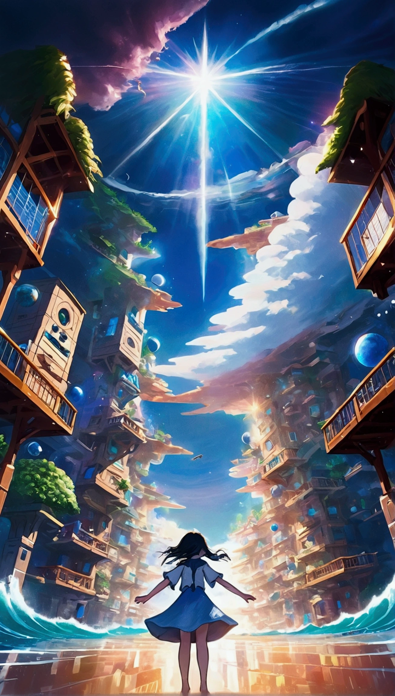 animesque、Faraway view、landscapes、vanishing point、Outrageous resolution、hight resolution、ultra-detailliert、The upper half shows the universe、Below is the sea、Bright atmosphere、Fantasia、magia、Mare、Daylight hours、clean blue sky、sunlight shining、prisma、beautiful lighting、Bright lighting、Soft lighting、Lots of shining magic light、Iridescent light、(Spark:0.7)