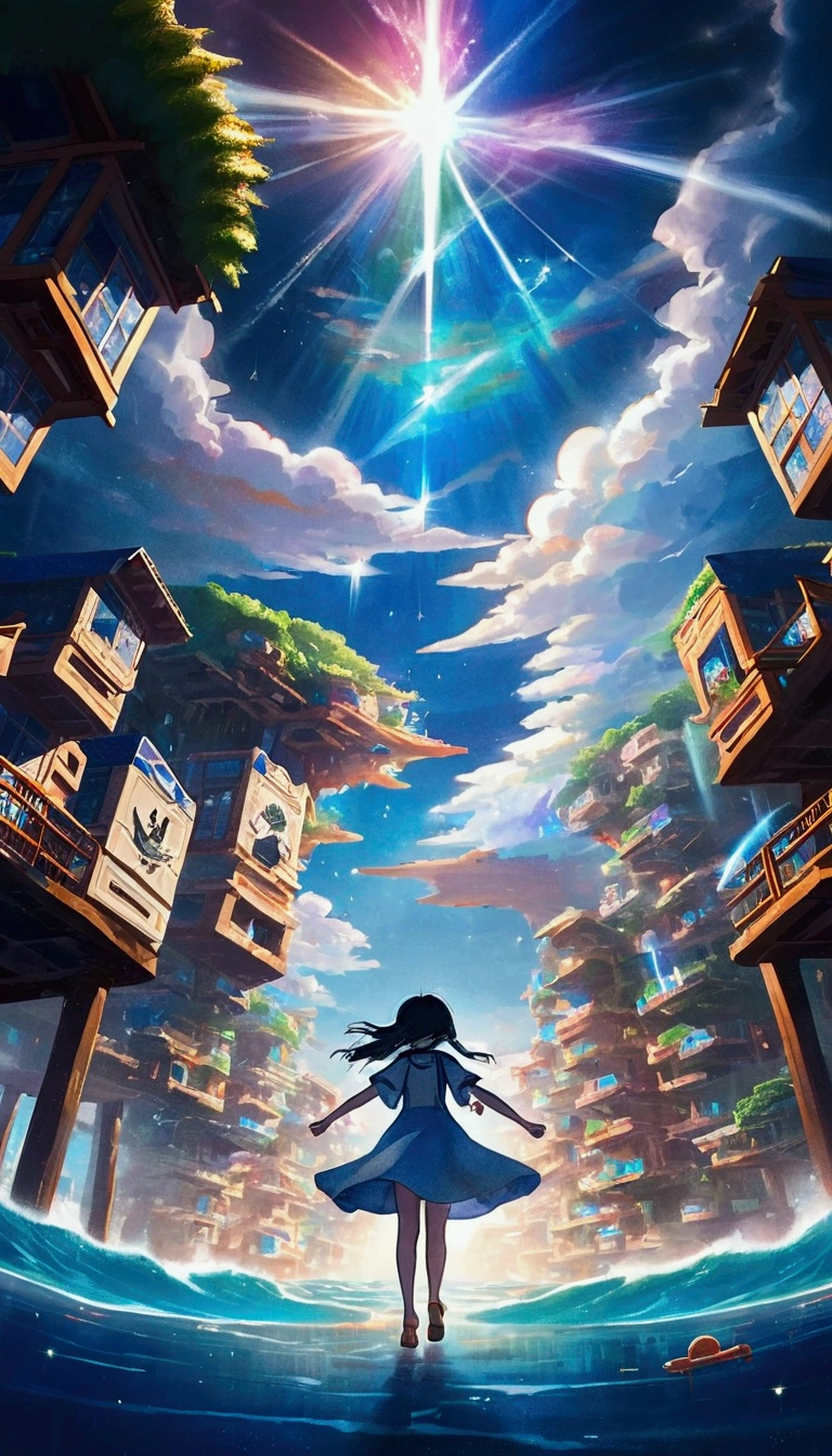 animesque、Faraway view、landscapes、vanishing point、Outrageous resolution、hight resolution、ultra-detailliert、The upper half shows the universe、Below is the sea、Bright atmosphere、Fantasia、magia、Mare、Daylight hours、clean blue sky、sunlight shining、prisma、beautiful lighting、Bright lighting、Soft lighting、Lots of shining magic light、Iridescent light、(Spark:0.7)