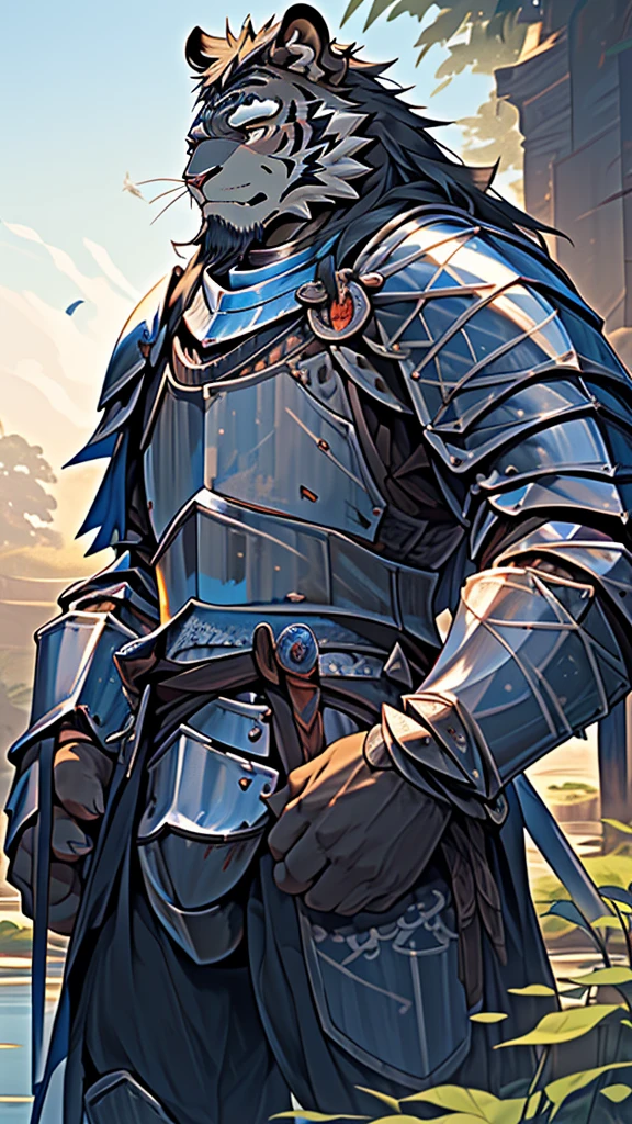 (masterpiece),(highres),(intricate details:1.4),extremely detailed,(illustration:1.2),8k,photorealistic,exquisite,(daddy:1.5),aged,elder male tiger ,muscular,(knight:1.7),(safety guard),black fur,manhood,warrior,(black fur:1.3),long hair,long beard,(numerous scars),(bulging crotch:1.8),(homosexual:1.5),(a serene face:1.9)(sexy)