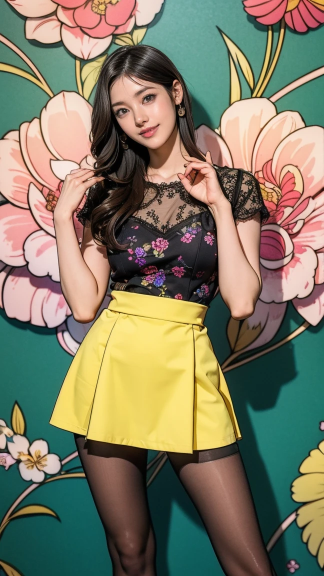 ((masterpiece)),(((Highest quality))),Thin thighs,Long legs,whole body:1.5，(One Girl:1.3),(Black pantyhose and thick pointy heels：1.3),(Wearing a mini mini flare skirt dress with floral or ornamental plant patterns:1.2),Short Blonde:1.2、Model pose，high waist:1.5、Stand with your feet apart:1.5，Raise your hands horizontally and strike a cute pose:1.5，The best smile:1.5，