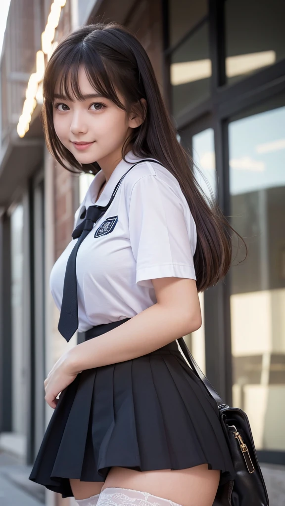(RAW Photos: 1.2), Highest quality, Beautiful detailed girl, Bunny girl, smile, Highly detailed eyes and face, Beautiful attention to detail, Large file size, High resolution, High resolution, 8k wallpaper, The finer details, highly detailed ticker uniform 8k wallpaper, Light on the face, Cinema Lighting, , Sexy pose, (Photorealism: 1.4), figure, Surrealism, From below,,Thick thighs,nsfw,Extremely large breasts,Spread your legs,Black Panties,Showing panties,lift up skirt
,white short sleeve shirt,プリーツskirt, Black Pantyhose, tie, skirt, bag, 胸の間 school bag