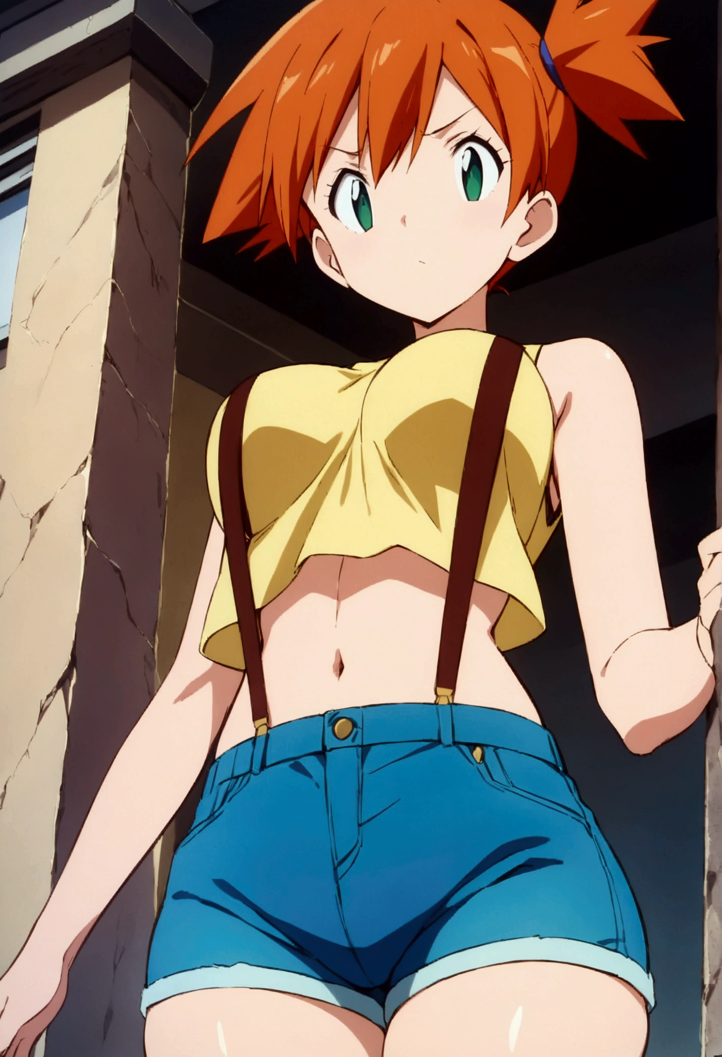 (score_9, score_8_up, score_7_up), (best quality, masterpiece),perfect anatomy,aesthetic,very aesthetic,official style, ultra-high resolution,source_anime.from below,below view,face focus ,,standing ,  (mature) ,1girl, Outdoor, Green Eyes, Orange Hair, , Yellow Shirt, Sleeveless shirt,stomach, Denim shorts, suspenders, ,   (slender), ,shirt_pull:1.2,(Composition)
