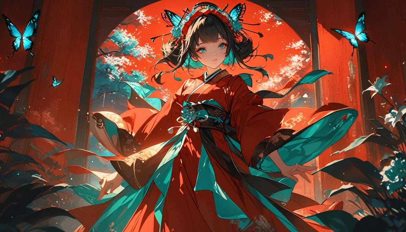 Red theme, a girl in a red geisha costume, very gorgeous kimono, large-scale murals, multilayered dimensions, red sky, Red Japanese architecture, anime wallpaper lovely red lantern girl, moonlight backlight,light particles,masterpiece, lily,blue flower,aqua color flower,fluttering petals,flower headdress,shining butterfly,window,in the style of stage-like environments, japanese-style landscapes, digital art techniques