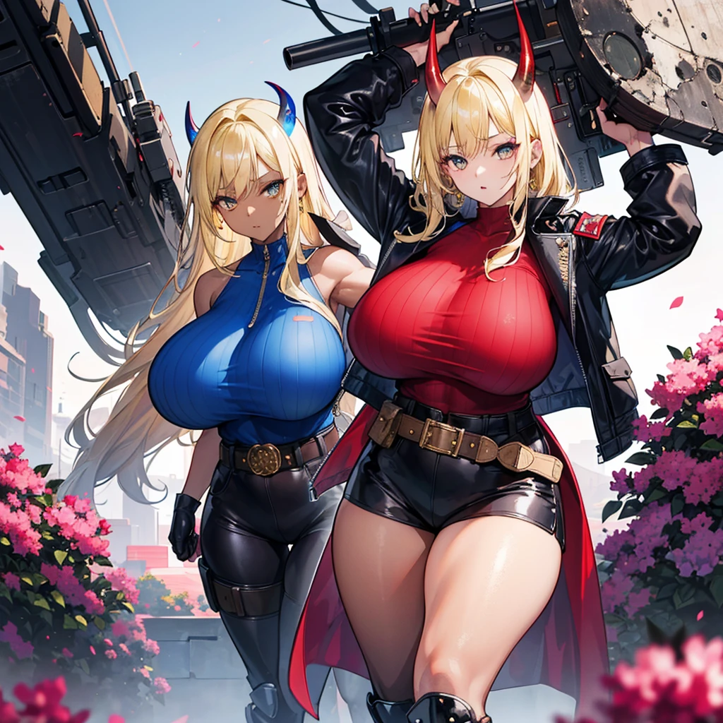 ((best quality)), ((masterpiece)), (detailed), 1girl, 8k_wallpaper, extremely detailed eyes, extremely detailed body, beautiful face, perfect face, detailed ((blonde hair)), (gold eyes), ((large big red and blue horns)), {{dark skin}}, ({dark skinned female}), gigantic breasts, thick thighs, strong arm and leg muscles, strong abdominal muscles, Monster women, Korean women, wearing a modern short black cloth jacket with rolled up sleeves, (wearing heavy gold colored steel cyberpunk armor), a wide red leather belt with blue steel yarn, steel boots, steel thigh guards, a military radio hangs on her belt, a biker girl, she rides on another planet along a lilac field against the backdrop of a blue desert and high red mountains,