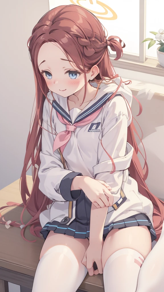 A woman with brown hair, bikini, girl,  labia, table,sitting, gentle, sailor uniform , wearing a pink and white sailor suit, blue eyes, racing girl, Du Qiong, smile, gentle, covering one eye, light blue eyes, hairpin, halodon't have excessive composition problems, masterpiece, perfect composition, fine characterization black stockings