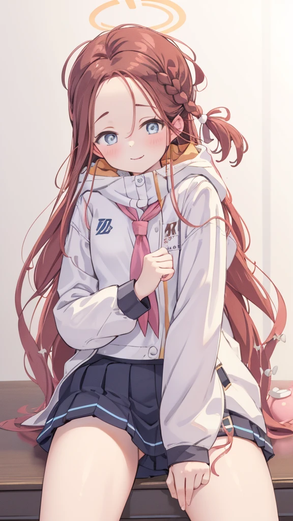 A woman with brown hair, bikini, girl,  labia, table,sitting, gentle, sailor uniform , wearing a pink and white sailor suit, blue eyes, racing girl, Du Qiong, smile, gentle, covering one eye, light blue eyes, hairpin, halodon't have excessive composition problems, masterpiece, perfect composition, fine characterization black stockings