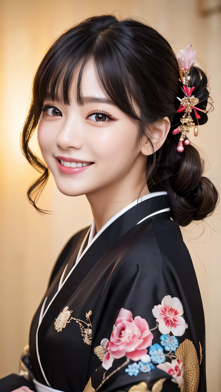 (masterpiece:1.3), (8k, Photorealistic, Raw photo, Best image quality: 1.4), Japanese 、Take a full-body photo,Stylish kimono、Cute costume,Japanese hairstyle,crystal,Natural color lip,(Random Hairstyles:1.2)、Super detailed face、Attention to detail、double eyelid、Sharp focus:1.2、Beautiful woman:1.4、Black hair straight、highest quality、masterpiece、超A high resolution、(Photorealistic:1.4)、Highly detailed and professionally lit smile、