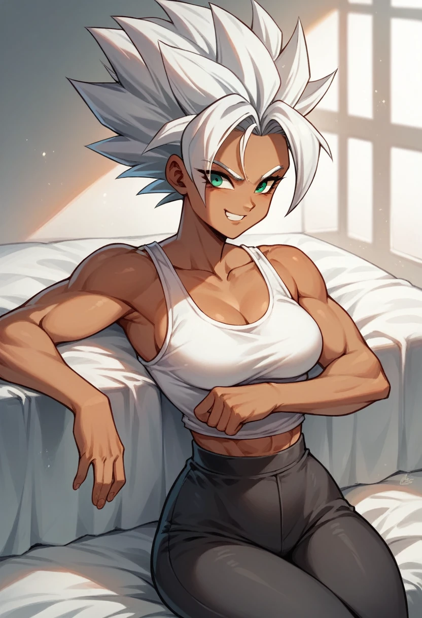 a girl, Saiyan, white hair combed back, green eyes, slender, thin waist, wide hips, dark skin, medium breasts, white tank top, black pants, tight clothes, is looking at the screen, with her arms crossed, smiling,