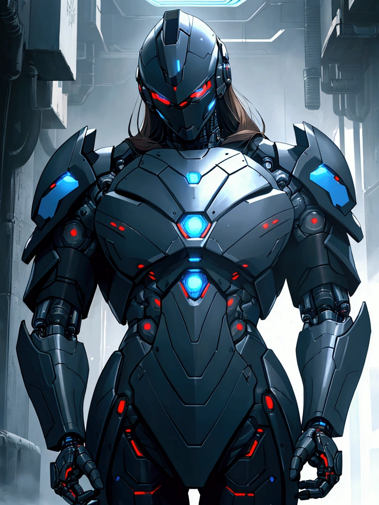 ((masterpiece)), ((best quality)), (from front, facing front), (cybernetic, cyber armor), 1man, adult man, solo, black skin, long brown hair, blue eyes, human body wearing blue cyber armor without helmet, hyper-detailed, cinematic lighting, chiaroscuro, intricate details, metallic sheen, futuristic, mechanical, striking, powerful, awe-inspiring, moody, atmospheric