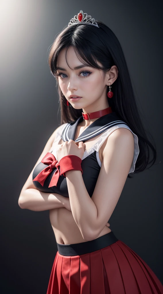 ((HD Real, Same 1 level)), Extremely realistic, masterpiece, Highest quality, High resolution, Same 1, space, Stunning beauty, Upper Body Shot, 1 girl, chest, gloves, lips, alone, Sailor Mars, Purple eyes,  uniform, Show more1, tiara, sailor warrior uniform, (RAW Photos, Highest quality), masterpiece, 浮かぶ長いBlack Hair, Red Sailor Collar, bow, choker, 白いgloves, red choker, 肘用gloves, jewelry, Earrings, Red Skirt, only, whole body, Black Hair, (Perfect hands): 3.8, Octane Rendering, Goddess of Fire, (close: 1.2) In detail, Beautiful Eyes, close, Small eyes, Show Viewer, to8 contrast style, Octane line drawing, space background, Mars, There&#39;s flames all around her, Red Flame, Intense gaze, Clear Eyes, Hands down