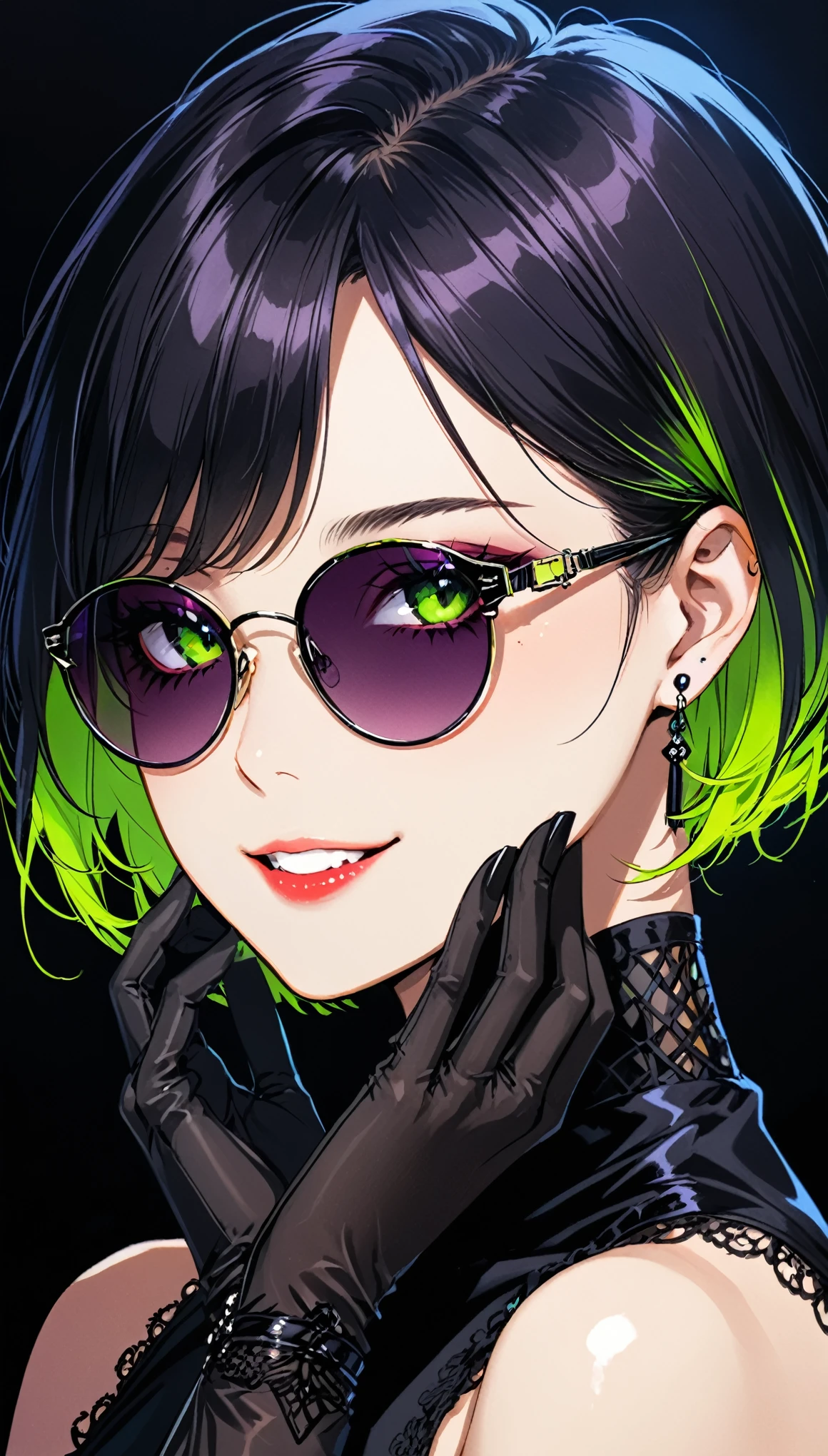 1girl,short hair,Adjust your palm with your mouth,Silk gloves,完美Smile,Rimless sunglasses,Smile,portrait,Neon Gothic