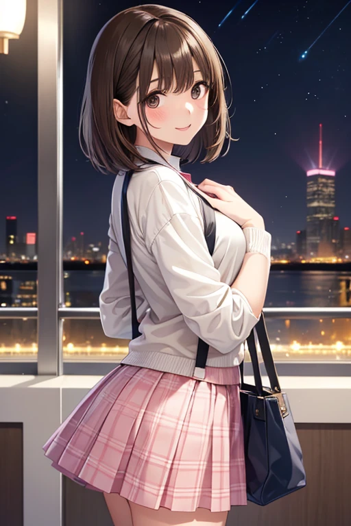 anegasaki nene、Shiny brown hair, short hair, (Beautiful brown eyes、Sparkling eyes, Fine grain)、smile、Ultra-detailed eyes、Very detailed顔, Very detailed目,Cowboy Shot、

masterpiece, Highest quality, High resolution, One girl, very cute and beautiful girl,(Very detailed美しい顔),
(smile:1.2),Happy,Embarrassing,look up,View your viewers,(argyle pattern sweater),Cowboy Shot,(White and pink checkered skirt),
Standing in a luxury hotel elevator,Night city view,carrying a tote bag,
(Highest quality,masterpiece),Absurd,High resolution,Very detailed,Very detailed,32K,8k resolution,
Intricate details,Movie Scenes,Detailed Background,alone,Dynamic Angle,