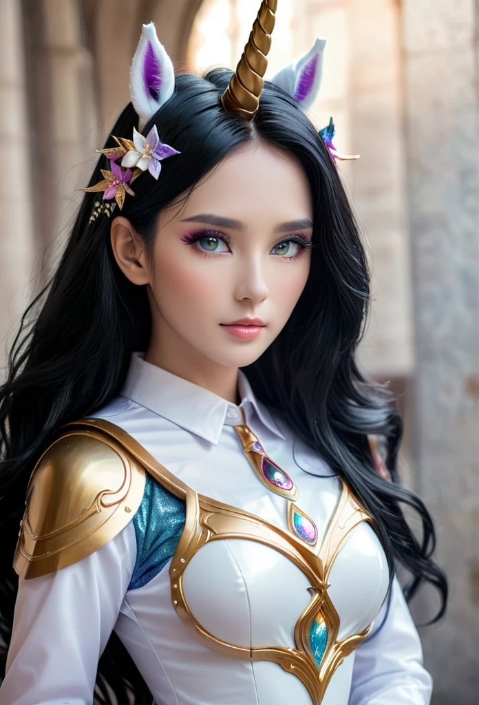 Unicorn humanoid female Masterpiece, professional photography. Realistic details. black hair