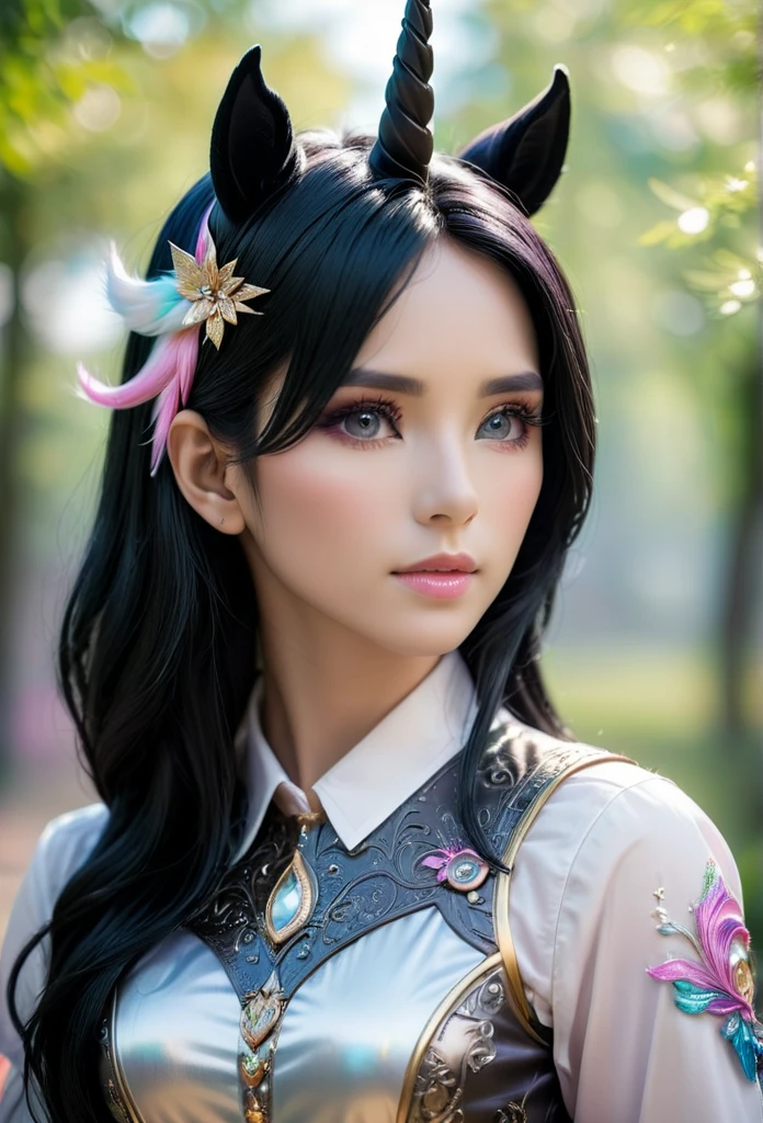 Unicorn humanoid female Masterpiece, professional photography. Realistic details. black hair
