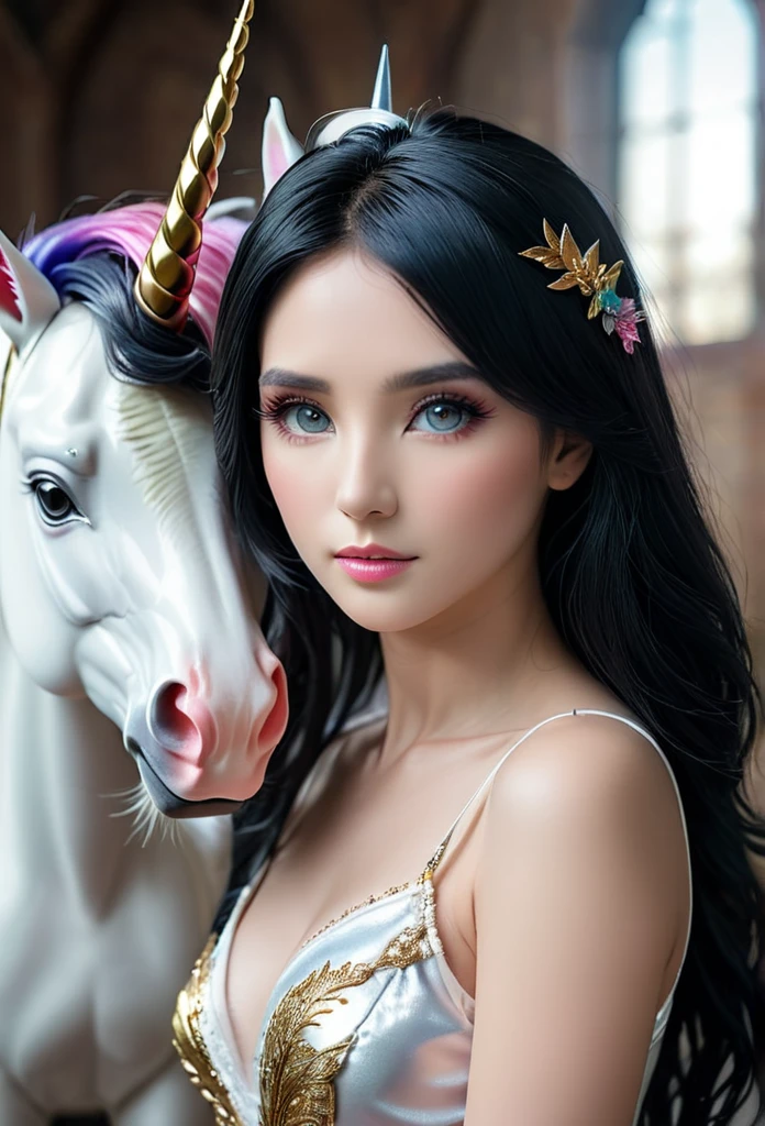 Unicorn humanoid female Masterpiece, professional photography. Realistic details. black hair 