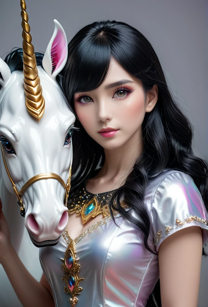 Unicorn humanoid female Masterpiece, professional photography. Realistic details. black hair 