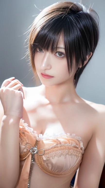 20 year old beautiful girl，Perfect Eyes，Short cut with smooth and shiny hair、Her hair is light pink、3D image、Crystal clear white skin，Bust is very very very small、Full body  images、The background is the bedroom、High resolution、high resolution、A seductive pose with her hair brushed back、high resolution写真、Her lips are a light orange color with a lustrous shine.、Hairless 、Clear, sharp images of the lower body、masterpiece