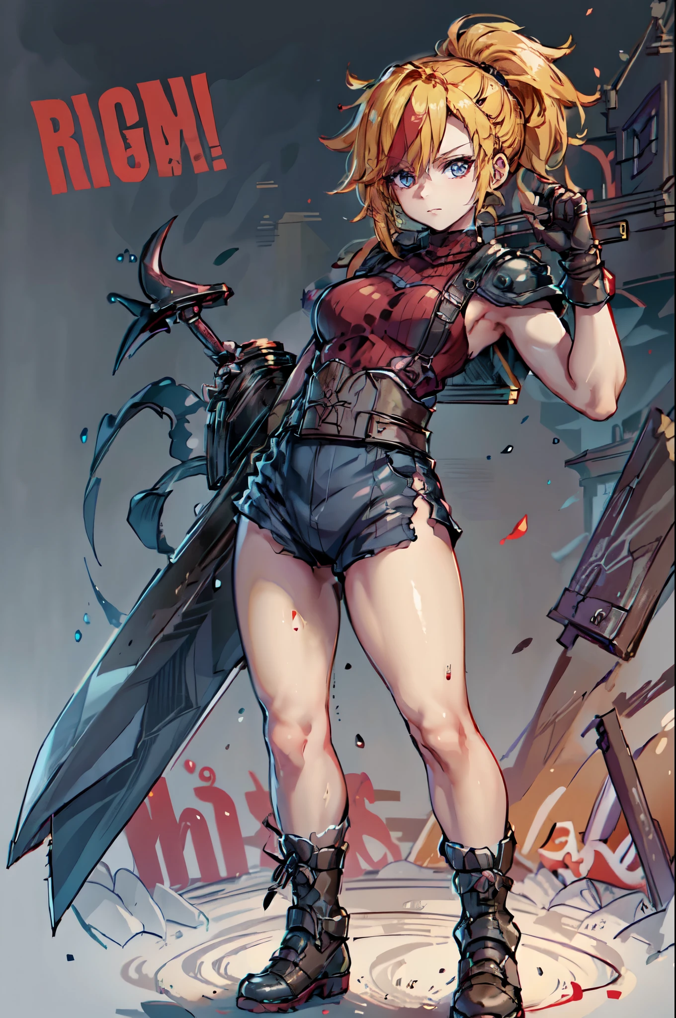 (masterpiece, best quality:1.2), red glowing eyes, red eyes, the eyes are red, perfect face, , strong make up, highres, 1 girl, solo, ultra long ponytail, (female:1.5), strife, blonde hair, shoulder armor, sleeveless turtleneck, suspenders, belt, gloves, bracer, evil smile, standing, portrait, looking at viewer, giant sword on the back, long leather boots, fullbody shot