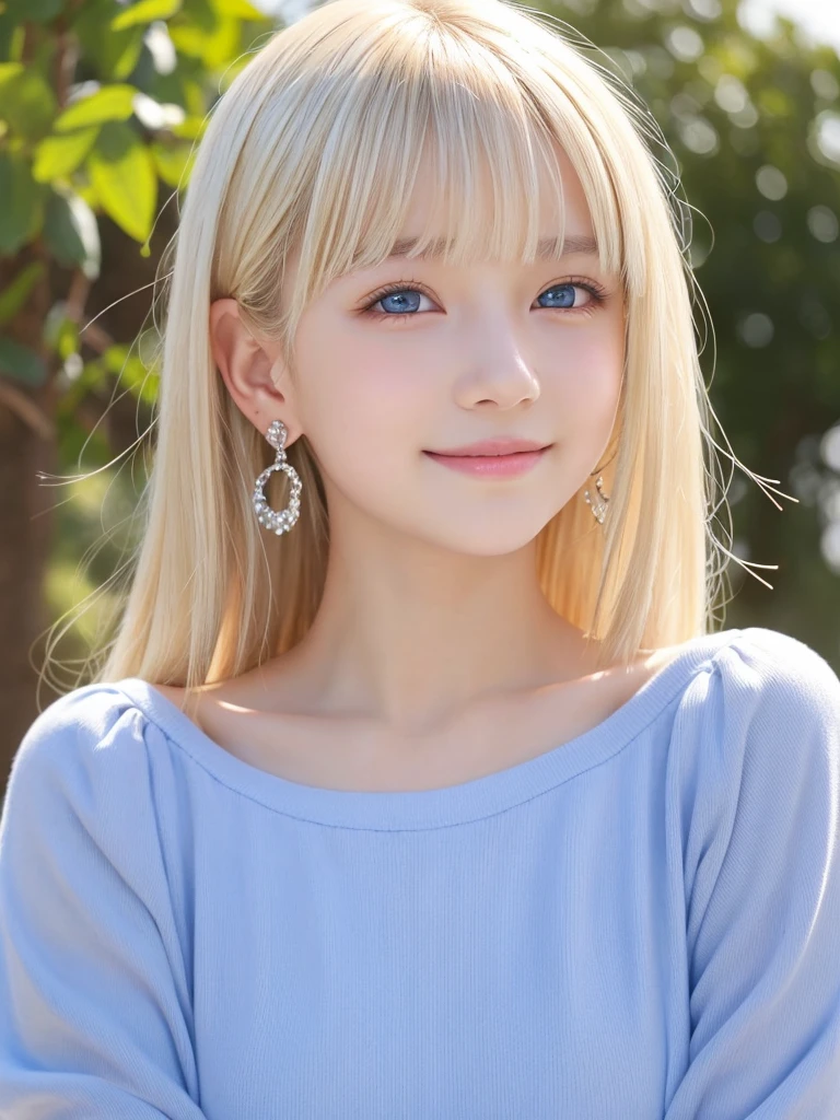 1girl, 14 years old, Famous idol, 1cute girl, very young face, detailed face, cute face, master piece , best quality , woman , bangs , smile , outdoor, Shiny platinum blonde silky super short hair, side locks, beautiful shiny bangs, big clear sky blue eyes, very beautiful light eye highlights, earrings,