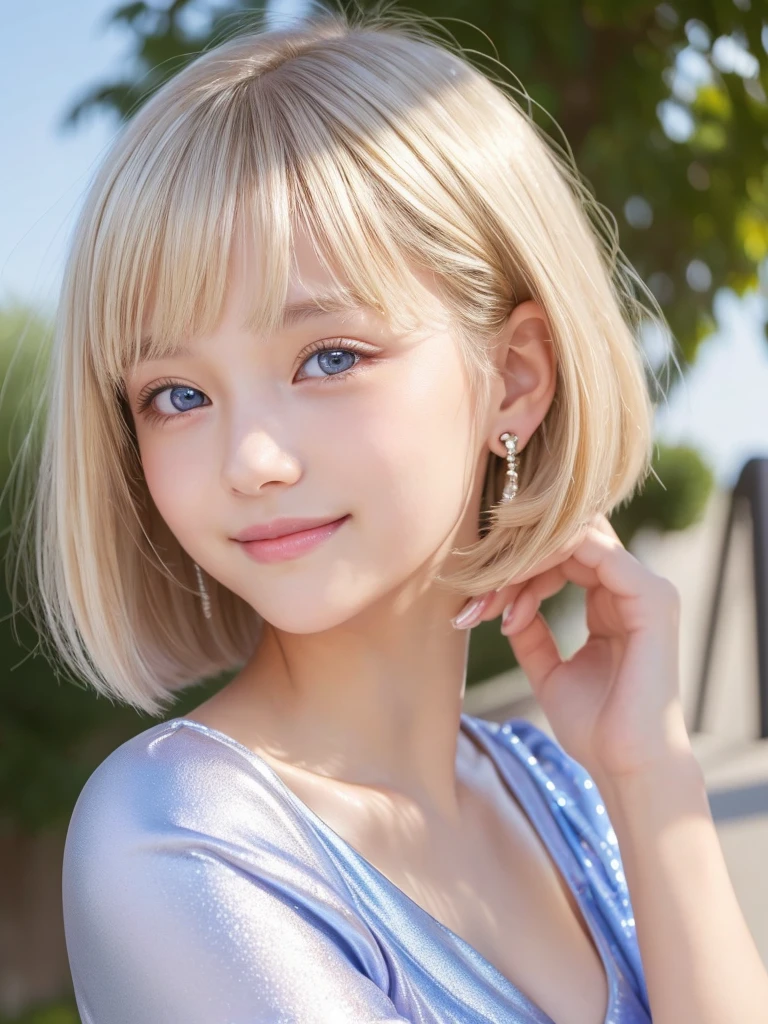 1girl, 14 years old, Famous idol, 1cute girl, very young face, detailed face, cute face, master piece , best quality , woman , bangs , smile , outdoor, Shiny platinum blonde silky super short hair, side locks, beautiful shiny bangs, big clear sky blue eyes, very beautiful light eye highlights, earrings,