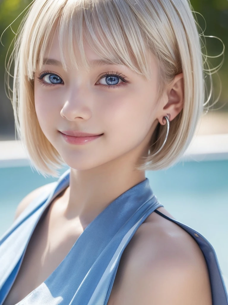 1girl, , Famous idol, 1cute girl, very young face, detailed face, cute face, master piece , best quality , woman , bangs , smile , outdoor, Shiny platinum blonde silky super short hair, side locks, beautiful shiny bangs, big clear sky blue eyes, very beautiful light eye highlights, earrings, 