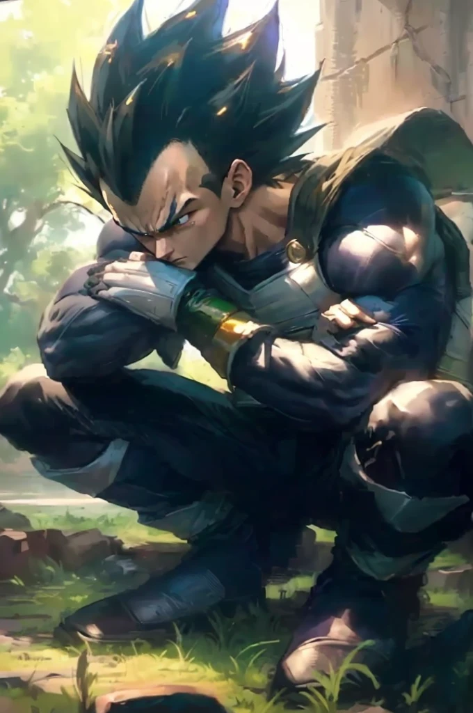 dragon ball fighter, prince vegeta, vegeta, with vegeta head hair, resting after a hard fight, badass pose, deep in thought, resting, thoughtful pose, most strongest pose, peaceful expression, highly detailed exquisite fanart, advanced digital anime art ”