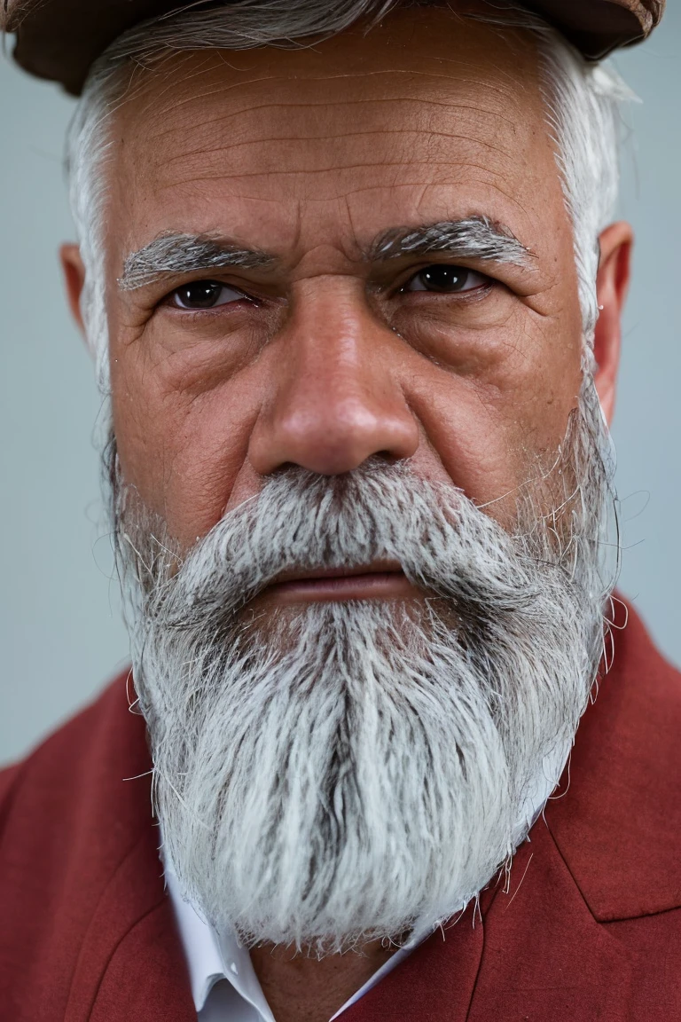 The image features an older man, a long white beard and mustache, He has a stern expression, giving the impression of a wise and experienced individual. The man's beard and mustache are prominent, adding to his distinguished appearance. The close-up shot of the man's face emphasizes his facial features and the intensity of his gaze.