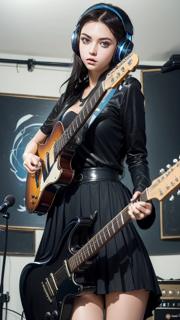 ((masterpiece, best quality))1girl, solo, black dress, big eyes, blue eyes, electric guitar, guitar, headphones, Big Breasts, holding, holding plectrum, instrument, Long Straight hair, music, one side up, tails, playing guiter, pleated skirt, black shirt, interior