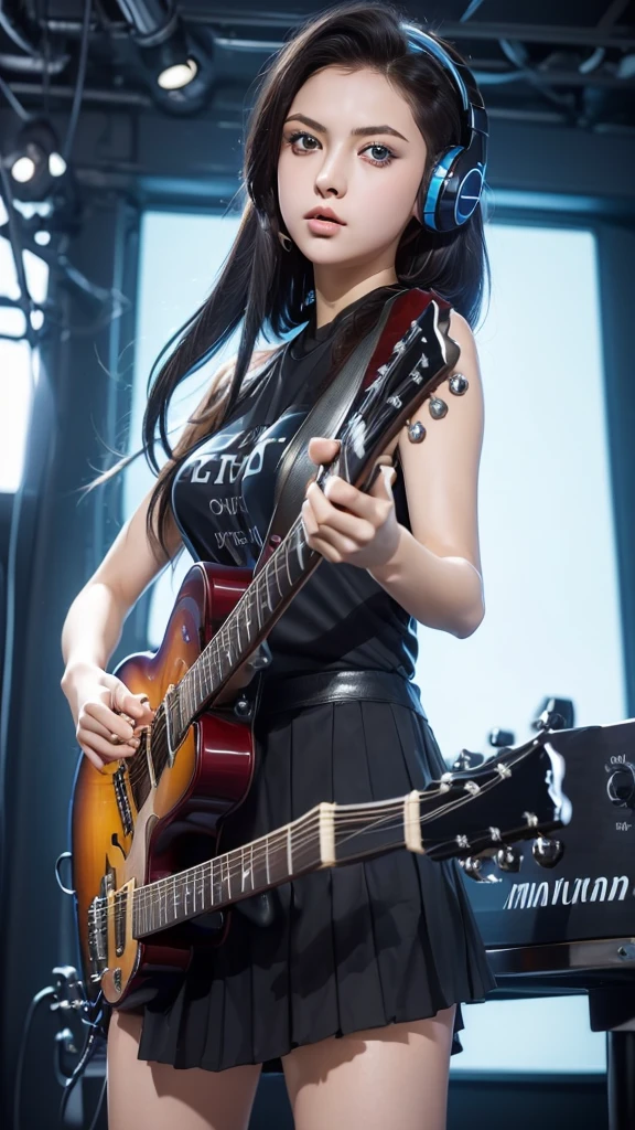 ((masterpiece, best quality))1girl, solo, black dress, big eyes, blue eyes, electric guitar, guitar, headphones, Big Breasts, holding, holding plectrum, instrument, Long Straight hair, music, one side up, tails, playing guiter, pleated skirt, black shirt, interior