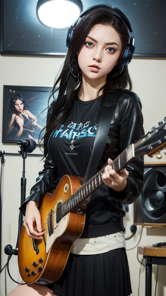 ((masterpiece, best quality))1girl, solo, black dress, big eyes, blue eyes, electric guitar, guitar, headphones, Big Breasts, holding, holding plectrum, instrument, Long Straight hair, music, one side up, tails, playing guiter, pleated skirt, black shirt, interior