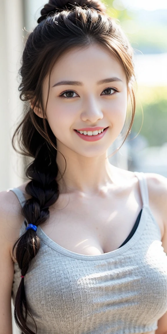 8K picture quality、high resolution、Realistic skin texture、high resolutionの瞳、Miss、日本夏季办公室Miss、Sleeveless knitted shirt、Princess hairstyle、Thin、、Large Breasts、Large Breastsの谷間、(a charming smile:1.2), Brown hair、Thin脚、Large target、Sweat accumulates on the chest、roof、Comb your hair up