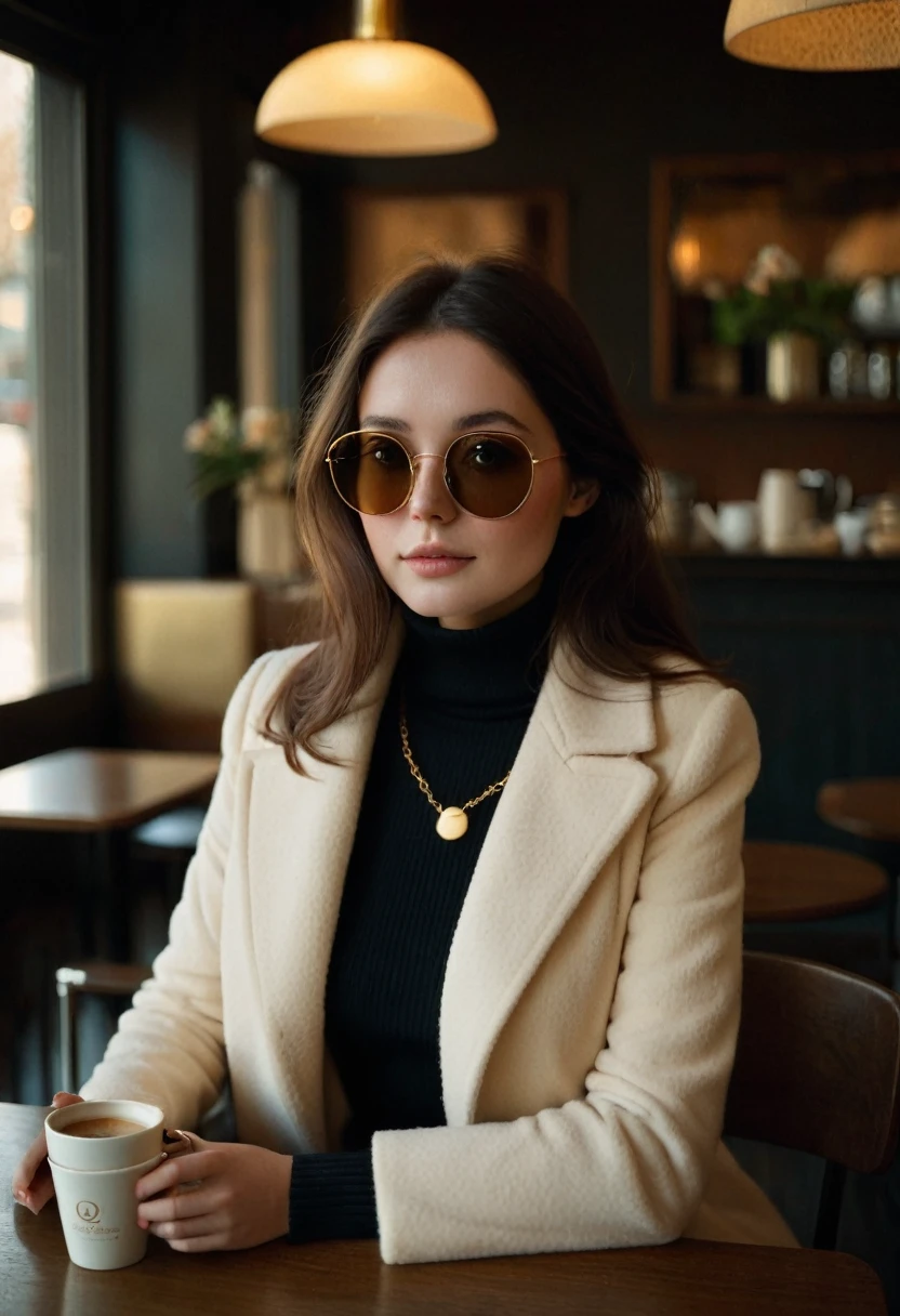 [[highly detailed face]], [[goddess face]], 70s, young woman, calm pose, college girl, white belted coat over black turtleneck, brown sunglasses, gold necklaces, full body image, long black hair, sitting inside a coffee shop at a table with a cup of coffee, high quality images, unreal engine, perfect skin texture, goddess face, photo depth of field, shadows, grainy, seductive analog lofi (by Oleg Oprisco Laura Makabresku), dark wall, dimly lit, cafe interior
