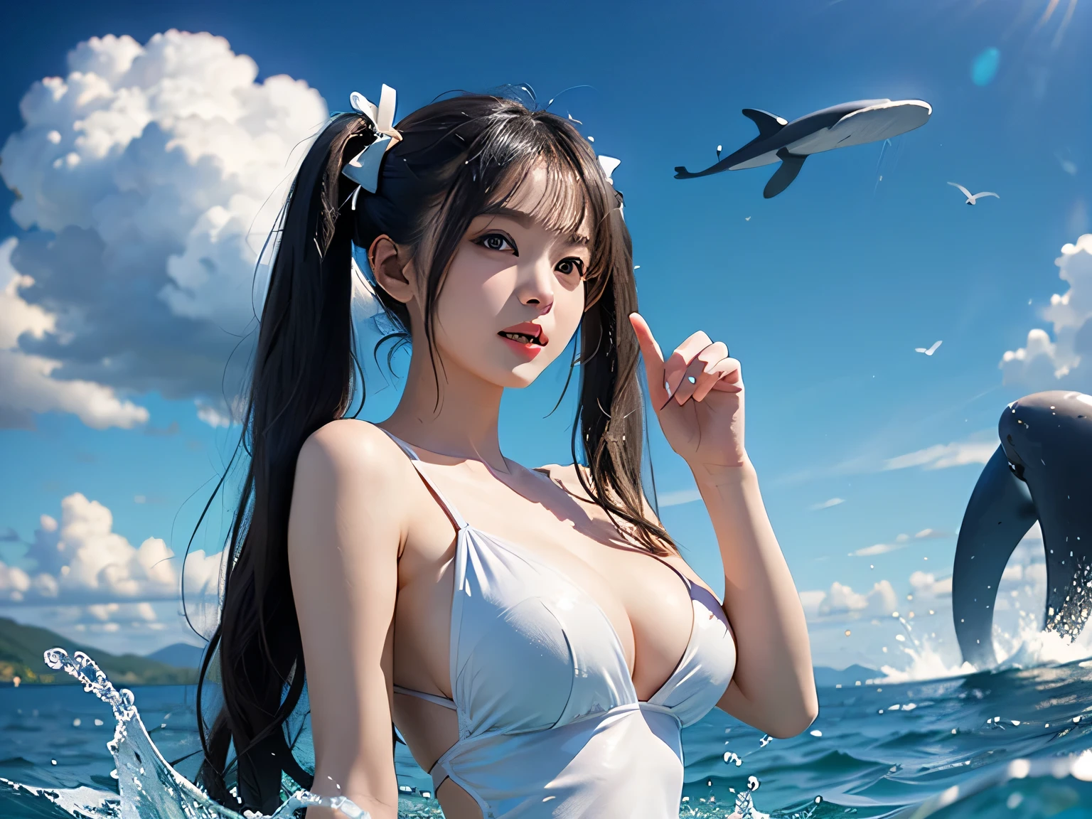 ultra-detailed, humpback, Asuka, shiny skin, Raw photo、(masterpiece)、8k、(Highest quality)、(High resolution:1.3)、Angle from below、Watching the audience、A confident smile、(Perfect Anatomy:1.34)、whole body、One girl、19-year-old whaler、Ocean、Black Hair、(Twin tails:1.3)、(Super hourglass body type:1.3)、(Super big breasts pointing upwards:1.3)、Narrow waist、(Acrobatic sexy poses)、Correct fingers、((Blue sky、White cloud、High in the sky々A mysterious whale flying:1.3))、BREAK partially submerged, Under water from chest down、((water)The surface is at nipple height.:1.2)、(Pink gauze water dress)、(Increased transparency:1.2)、(The wet parts of the garment become super transparent:1.3)、Concept Art