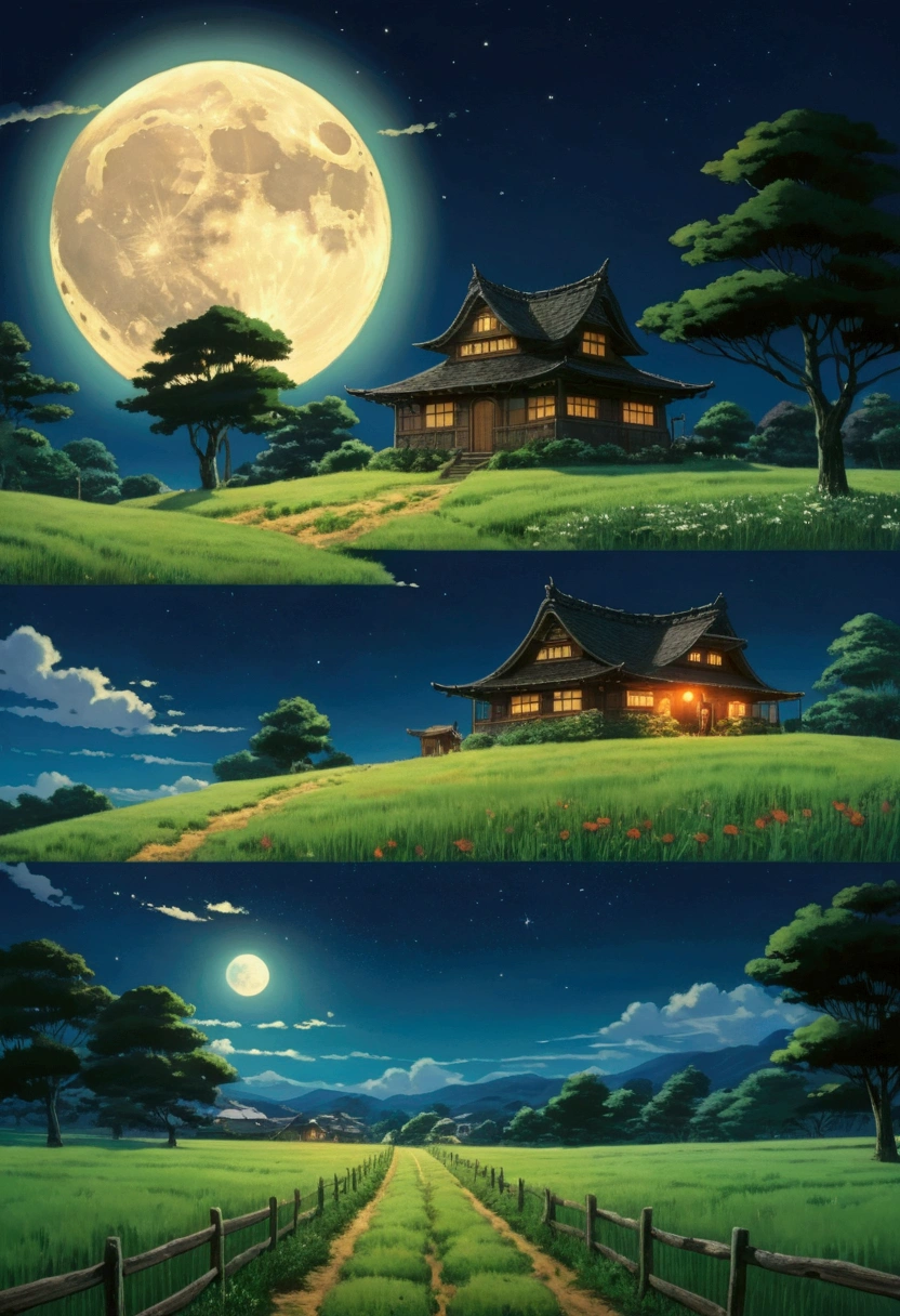 Ghibli　　summer　　night　fire Fly　　full moon　countryside