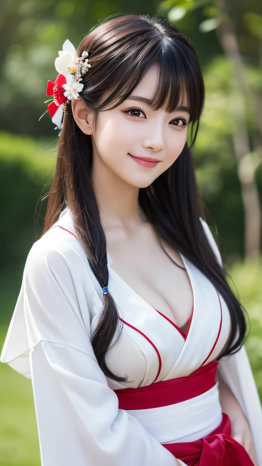 (masterpiece:1.3), (8k, Photorealistic, Raw photo, Best image quality: 1.4), Japanese 、Take a full-body photo，White kimono、Red long skirt、Shrine maiden、Cute costume，Japanese hairstyle，crystal，Natural color lip，(Random Hair:1.2)、Cleavage:1.2、Super detailed face、Attention to detail、double eyelid、Put your chest together、Sharp focus:1.2、Beautiful woman:1.4、Black Hair、highest quality、masterpiece、超A high resolution、(Photorealistic:1.4)、Highly detailed and professionally lit smile、