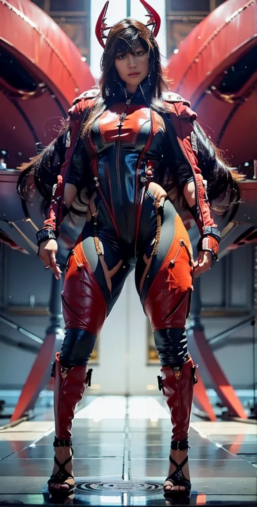 A 30-year-old Asian female fighter poses for a photo,nude,Armor on hands and legs,Tall and sexy,Mature and charming,???? exposure ,Sweaty and sweaty,Shiny muscle lines,Large Breasts,Big Ass,Camel toe,Raised nipples,There is sparse,NSFW,Like a waterfall,Wear sexy super high heels,The charming and seductive queen,Standing on the crowded street