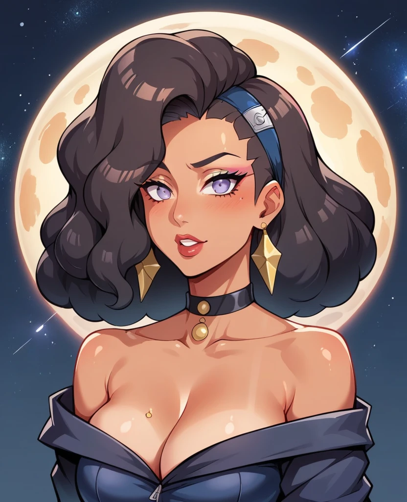 Glass Galaxy 
Create an image depicting  the portrait f a beautiful woman Senna lol + Naruto sexy rasgada roupas decote front  of a universe where stars, planets, and galaxies are made entirely of black Gold, translucent glass, refracting and reflecting light in dynamic patterns.